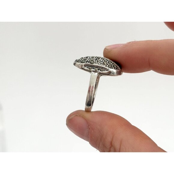 Sterling Silver Black Onyx & Marcasite Yin Yang Vintage Art Deco Ring - sz 7.75 - Picture 4 of 9